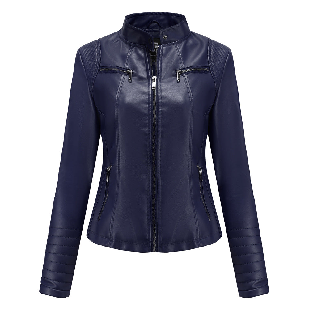 Damen nan taillierte Bikerjacke aus Kunstleder mit Stehkragen und gesteppter Ärmelpartie EB