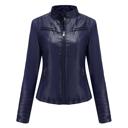Damen nan taillierte Bikerjacke aus Kunstleder mit Stehkragen und gesteppter Ärmelpartie EB
