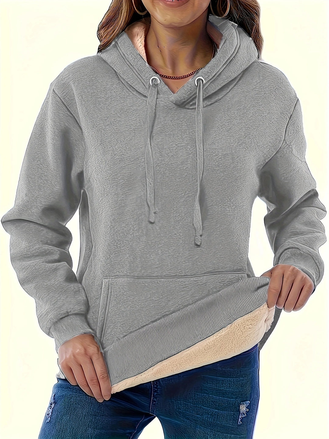 Damen kuscheliger Kapuzenpullover mit weichem Innenfutter und praktischen Kängurutaschen EB