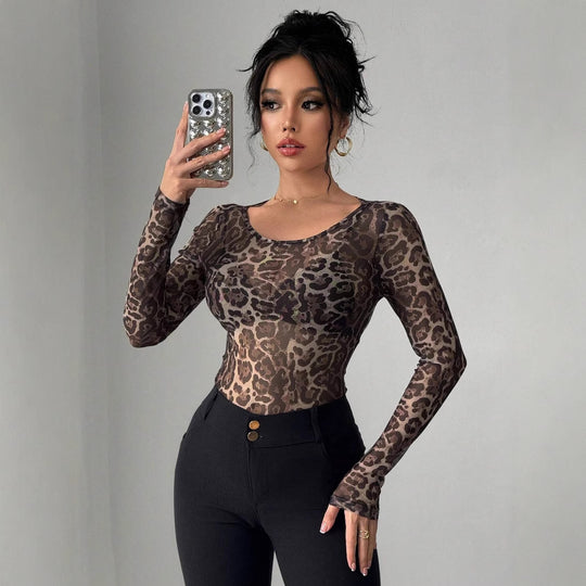 Damen Transparente Langarm-Bluse mit Leopardenmuster EB
