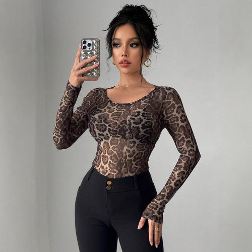 Damen Transparente Langarm-Bluse mit Leopardenmuster EB