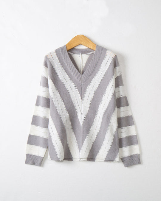 Damen V-Ausschnitt Strickpullover mit raffiniertem Streifenmuster EB