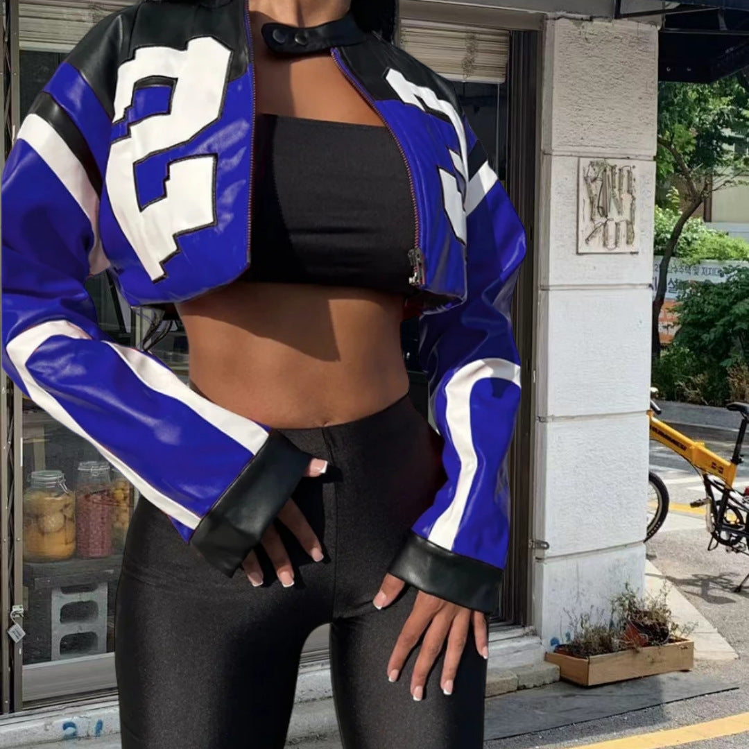 Damen cropped Kunstlederjacke im auffälligen Design EB