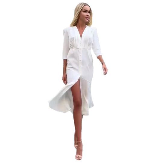 Damen Hemdblusenkleid mit elegantem V-Ausschnitt und Knopfleiste EB
