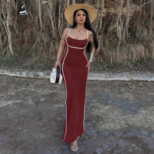 Damen elegantes Maxikleid mit schmalen Trägern und figurformendem Schnitt EB