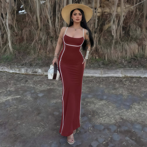 Damen elegantes Maxikleid mit schmalen Trägern und figurformendem Schnitt EB