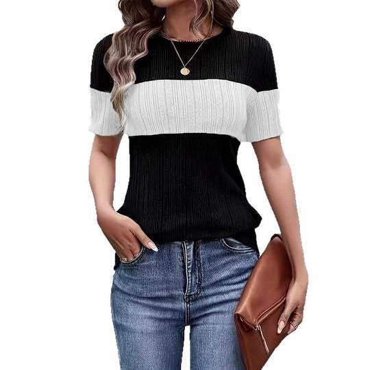 Damen Kurzarmpullover mit modernem Blockstreifenmuster EB