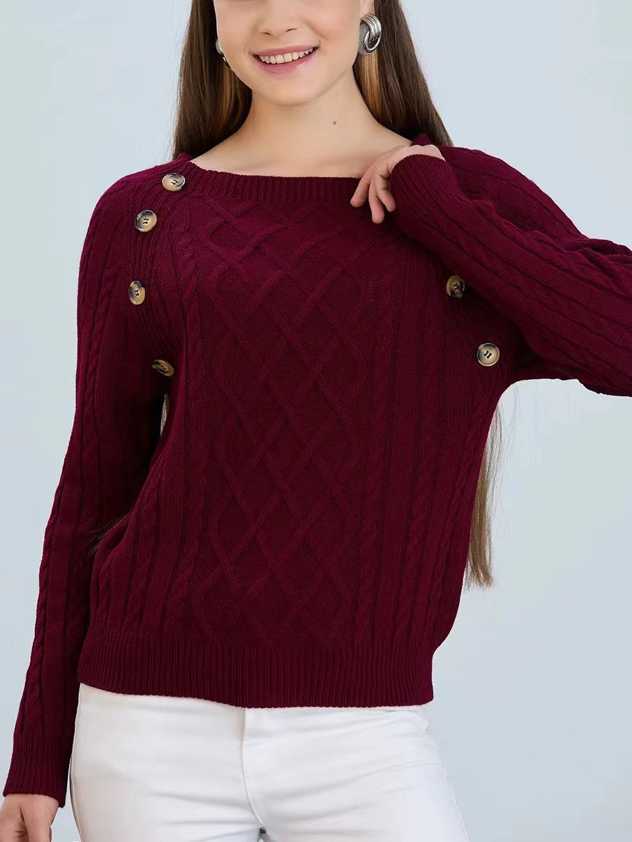 Damen Strickpullover mit klassischem Rautenmuster und dekorativen Knöpfen EB