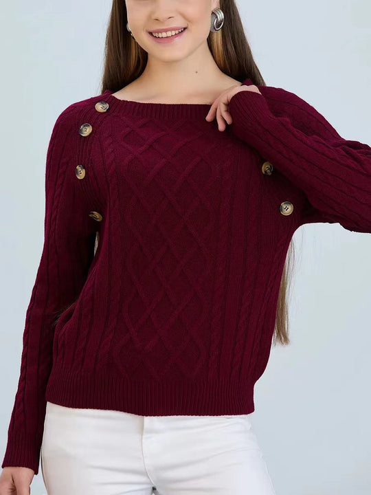Damen Strickpullover mit klassischem Rautenmuster und dekorativen Knöpfen EB