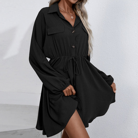 Damen lässiges Shirtkleid mit Knopfdetails und elastischem Taillenzug EB