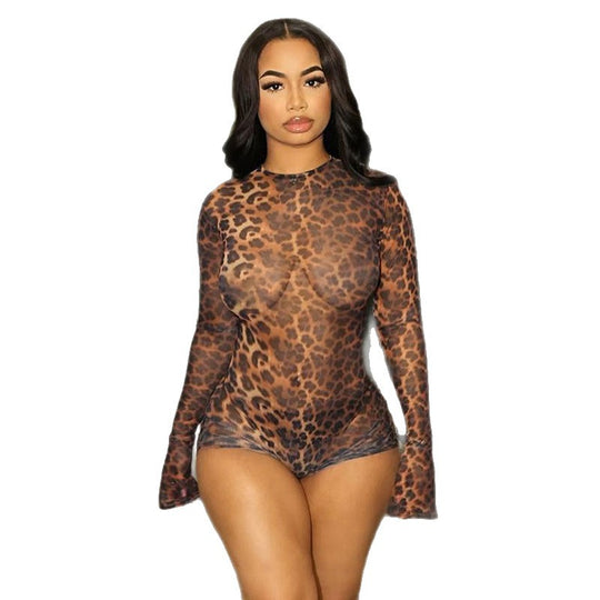 Damen Transparente Bodysuit mit Leopardenmuster EB