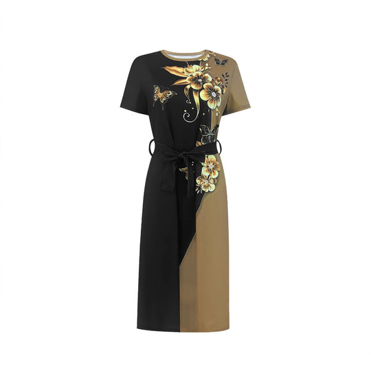 Damen Elegantes Freizeitkleid mit floralem Design und Taillengürtel EB