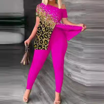 Damen Einseitig Off-Shoulder Jumpsuit mit Animal-Print und funkelnden Akzenten EB