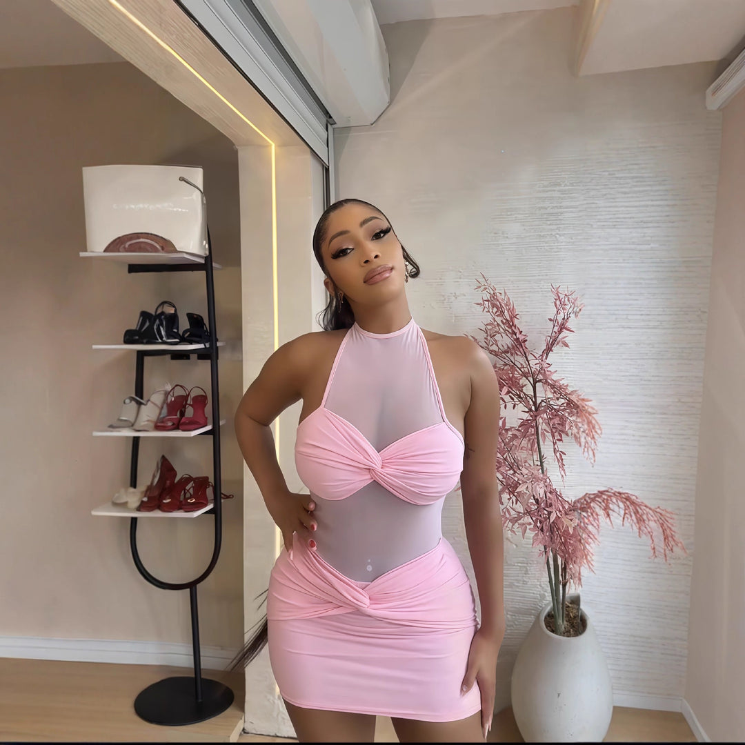 Damen Mini-Kleid mit Raffungen und transparentem Oberteil EB