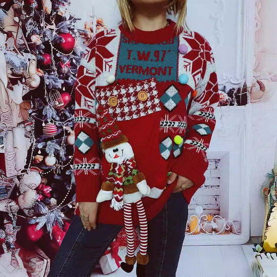 Damen festlicher Pullover mit winterlichem Schneemann-Motiv und dekorativen Details EB