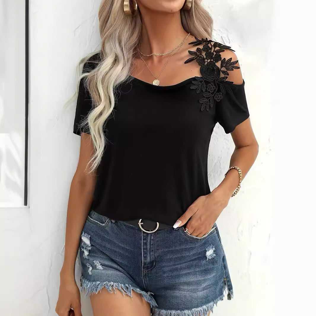 Damen nan schulterfreies Jerseyshirt mit floraler Spitzenapplikation und lockerer Passform EB