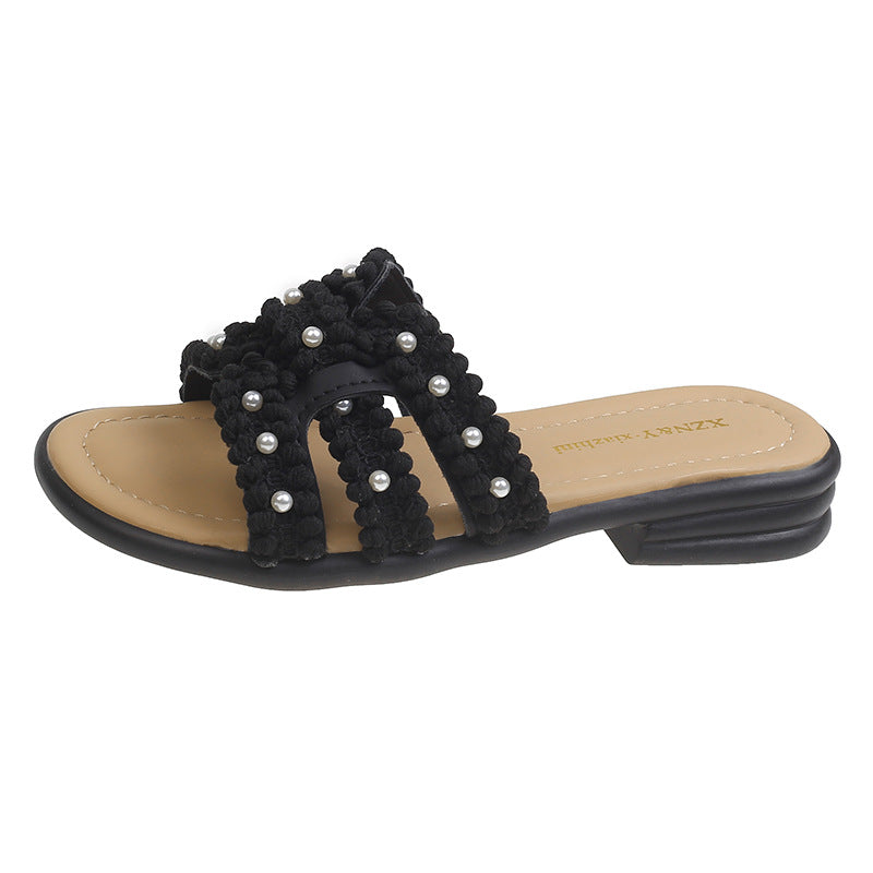 Damen Elegante Slide-Sandalen mit modischen Perlen- und Fransenakzenten EB