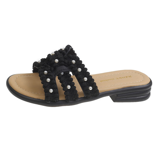 Damen Elegante Slide-Sandalen mit modischen Perlen- und Fransenakzenten EB