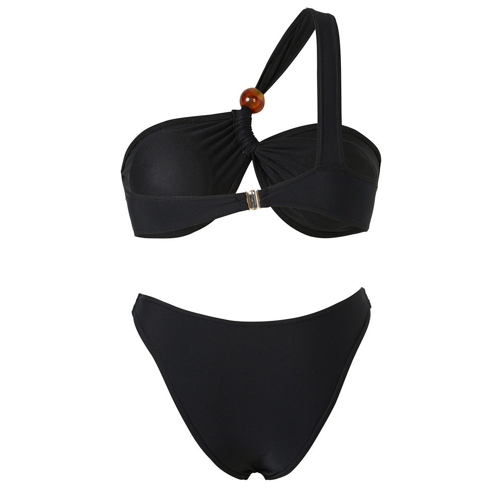 Damen Bikini-Set mit asymmetrischem Halter-Neck und dekorativen Hosenknöpfen EB