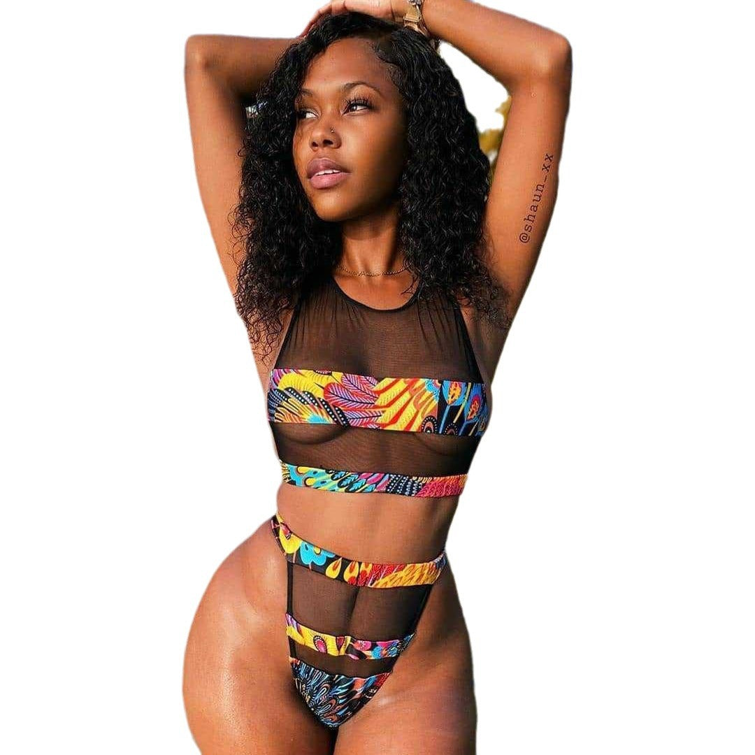 Damen Bikini-Set mit transparenten Einsätzen und bunten Akzenten EB