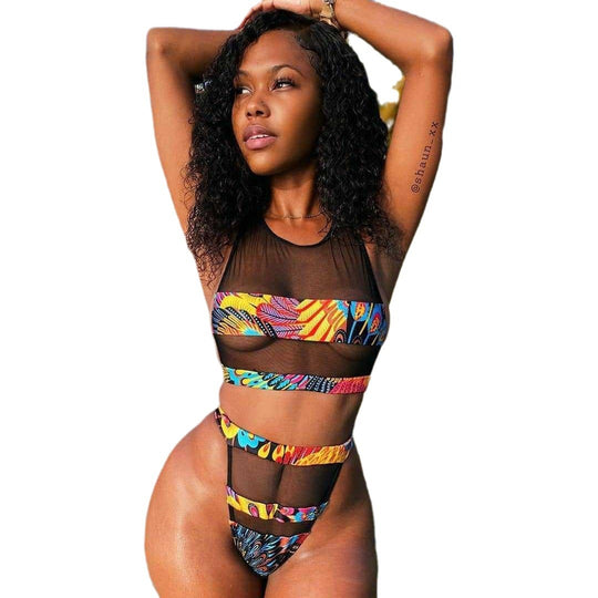 Damen Bikini-Set mit transparenten Einsätzen und bunten Akzenten EB