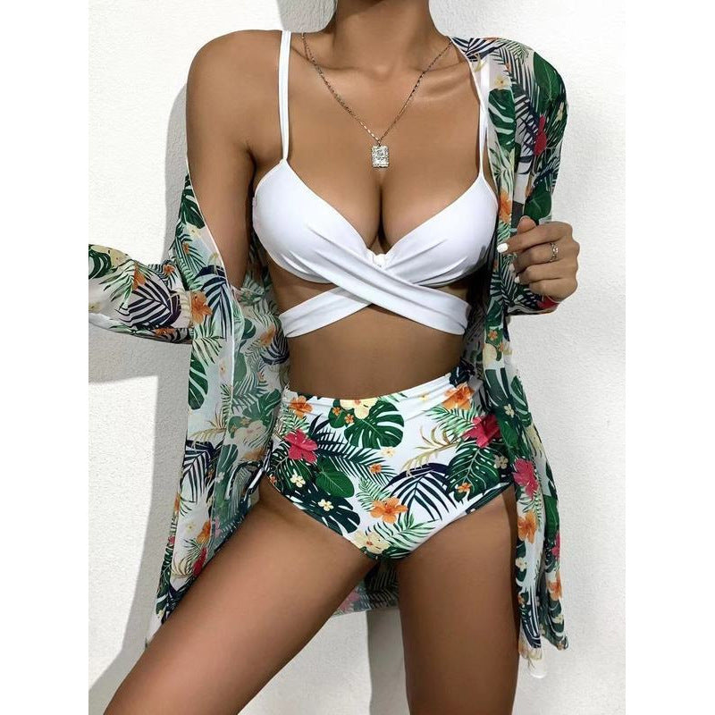 Damen Bikini-Set mit hochgeschnittenem Slip und floralem Kimono EB