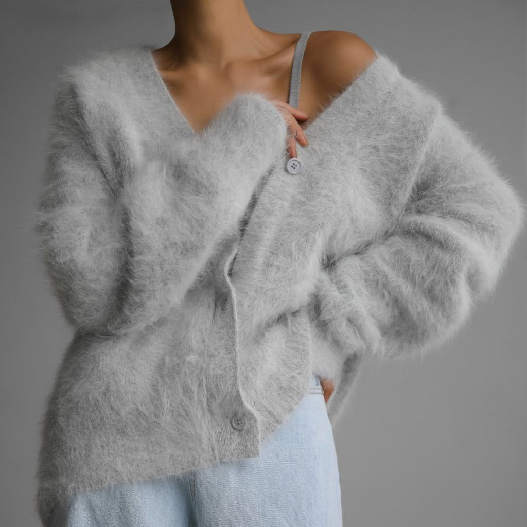 Damen weicher Strickcardigan mit luxuriösem Mohair-Anteil und lässigem Schnitt EB
