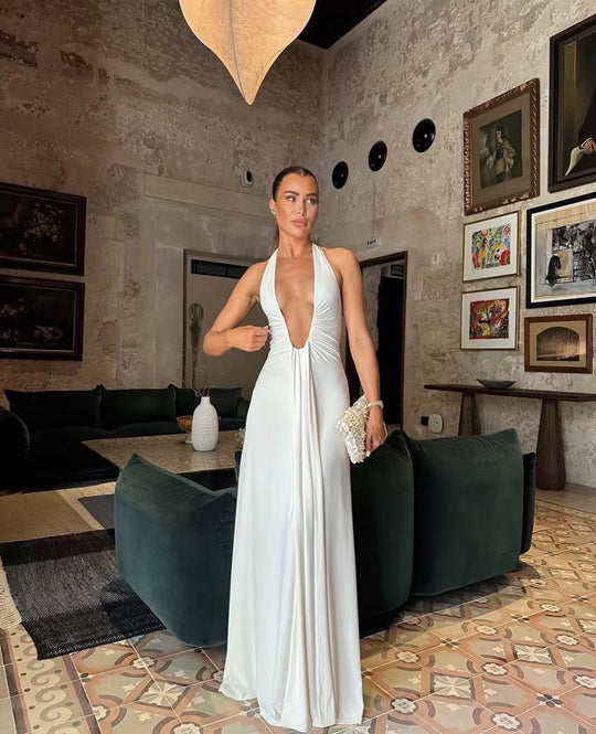 Elegantes Damen Maxikleid mit Tiefem V-Ausschnitt & Rüschendesign für Abend & Events | EB