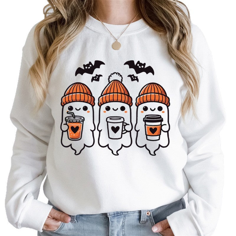 Damen nan gemütlicher Halloween Grafikpullover mit niedlichen Geist-Motiven, Rundhalsausschnitt und weichem Baumwollmix EB