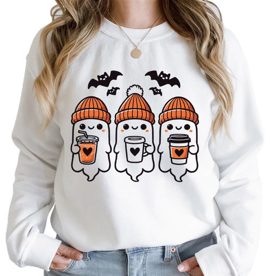 Damen nan gemütlicher Halloween Grafikpullover mit niedlichen Geist-Motiven, Rundhalsausschnitt und weichem Baumwollmix EB