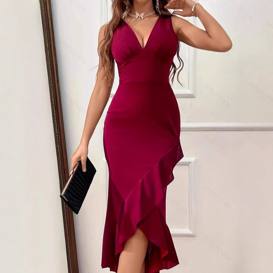 Damen Wickelkleid mit V-Ausschnitt und asymmetrischem Saum EB