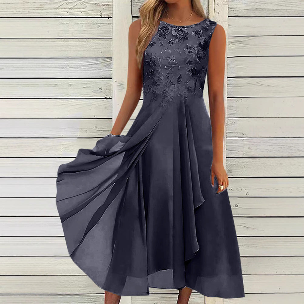 Damen nan ärmelloses Chiffon-Midikleid mit bestickter Brustpartie und asymmetrischem Lagenrock EB