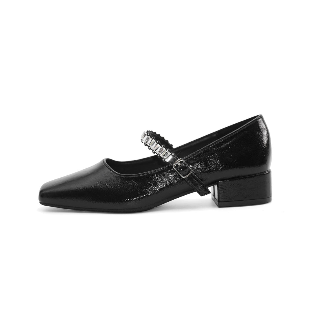 Damen Ballerinas mit schimmerndem Riemchen und elegantem Blockabsatz EB