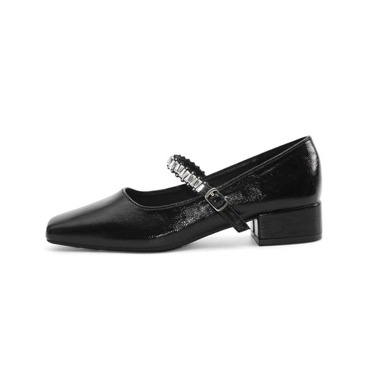 Damen Ballerinas mit schimmerndem Riemchen und elegantem Blockabsatz EB