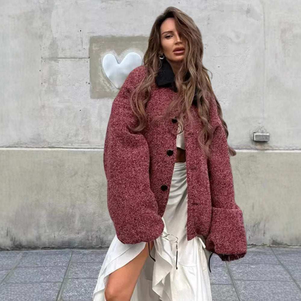 Damen kuschelige Oversize-Jacke mit großem Kragen EB