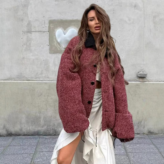 Damen kuschelige Oversize-Jacke mit großem Kragen EB
