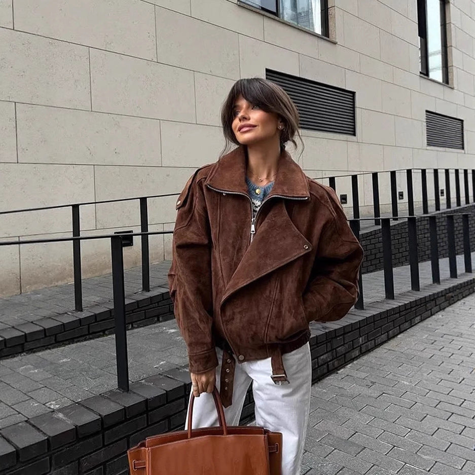Damen modische Wildlederjacke im oversized Schnitt mit edlen Details EB
