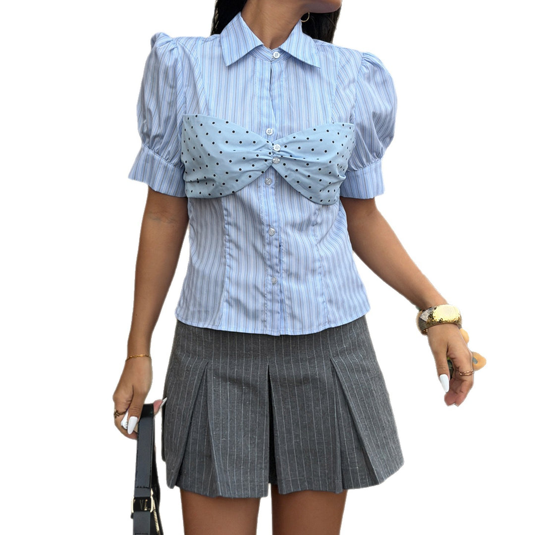 Damen Stylische gestreifte Bluse mit Rüschendetail und Punktenmuster EB