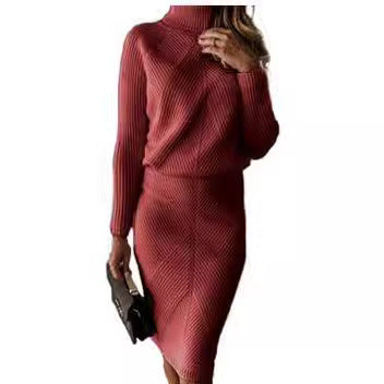 Damen Strickkleid mit hohem Kragen und eleganter Rippstruktur EB