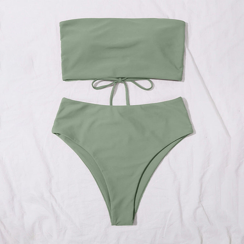 Damen Bandeau-Bikini-Set mit hohem Bund und raffiniertem Bindedetail EB