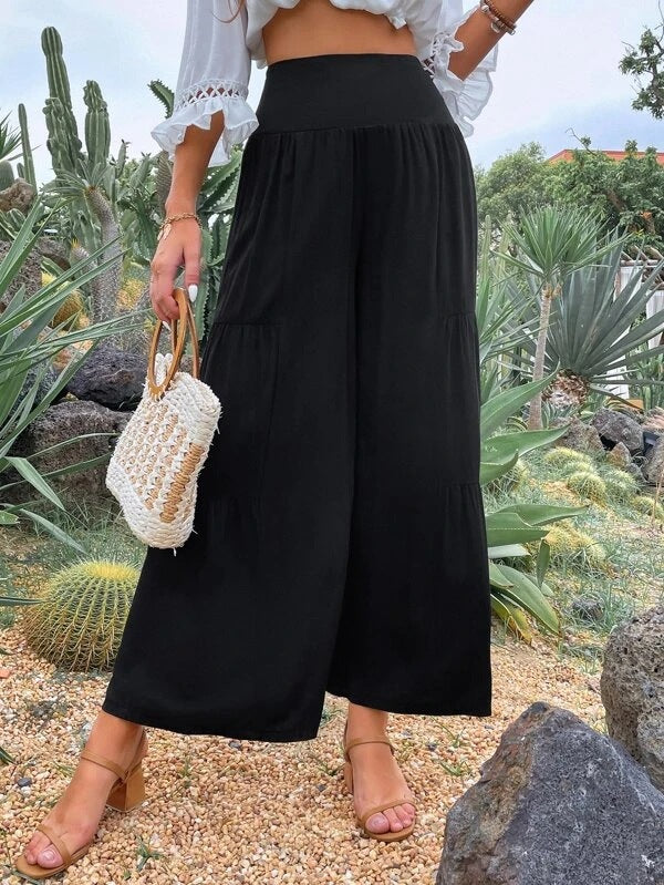 Damen Weite Sommerhose mit hohem Taillenbund und luftigen Falten EB