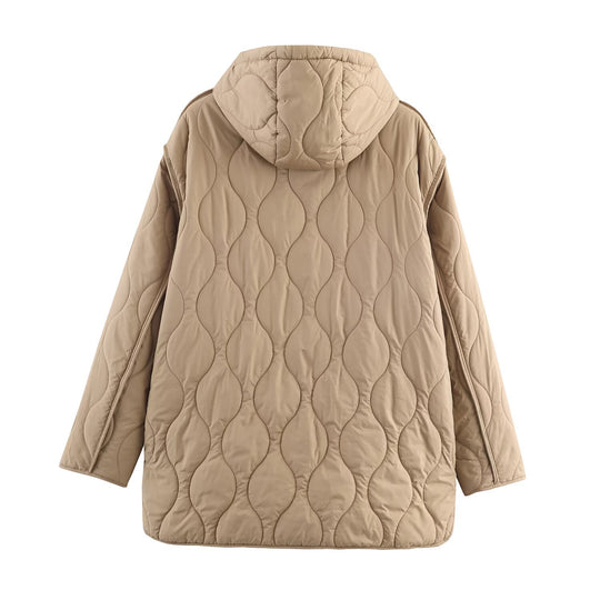 Damen gesteppte Übergangsjacke mit Kapuze und großen Taschen EB