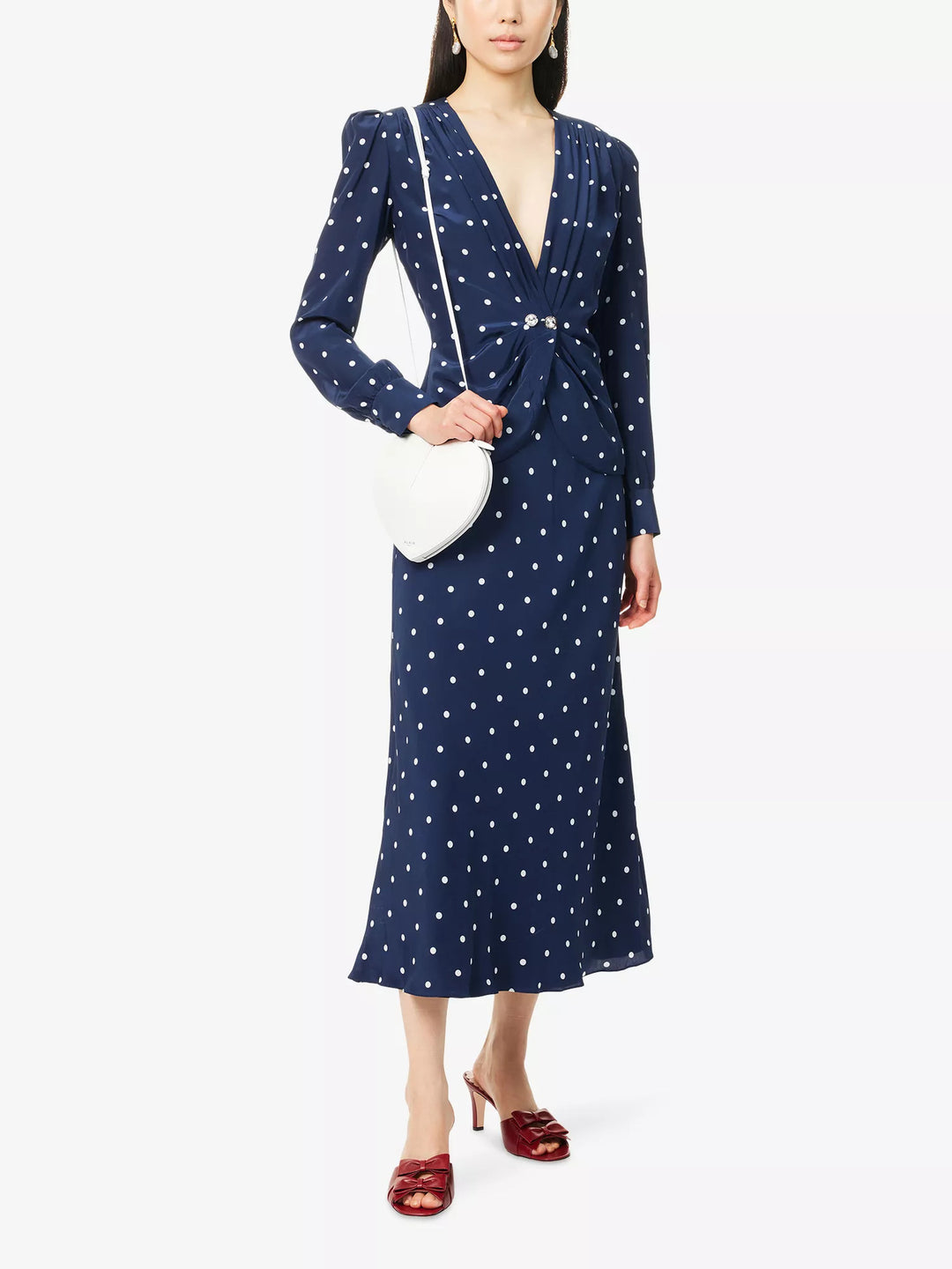 Damen Midikleid mit Punkteprint, tiefem V‑Ausschnitt, Wickelraffung und langen Ärmeln EB