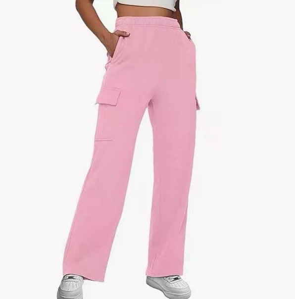 Damen nan lässige Cargo-Freizeithose mit weitem Bein elastischem Bund und aufgesetzten Taschen EB