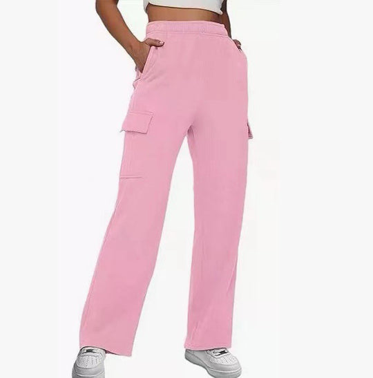 Damen nan lässige Cargo-Freizeithose mit weitem Bein elastischem Bund und aufgesetzten Taschen EB