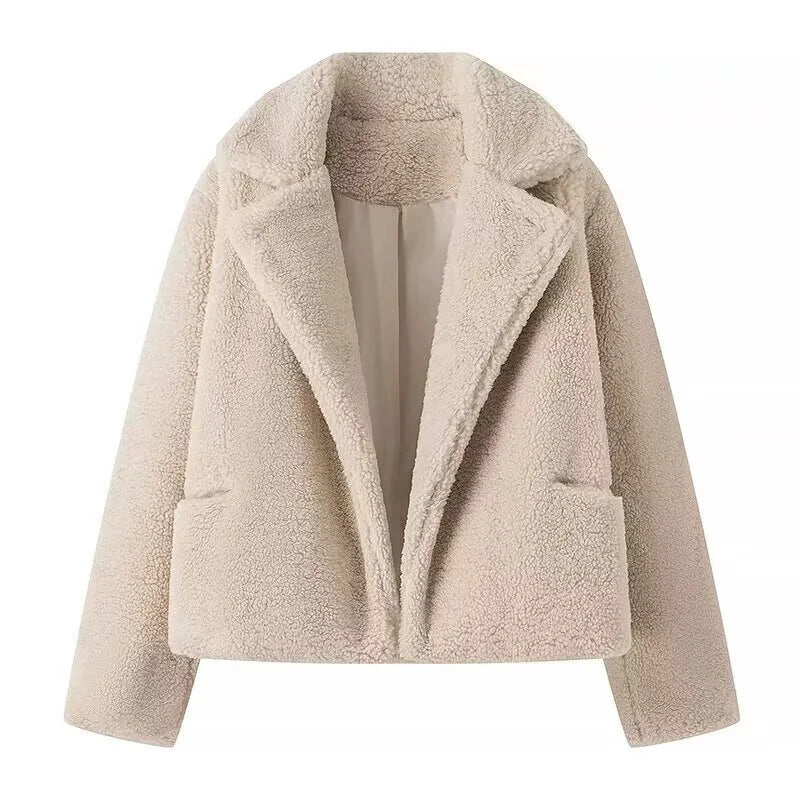 Damen kuschelige Plüschjacke mit klassischem Revers und praktischen Taschen EB