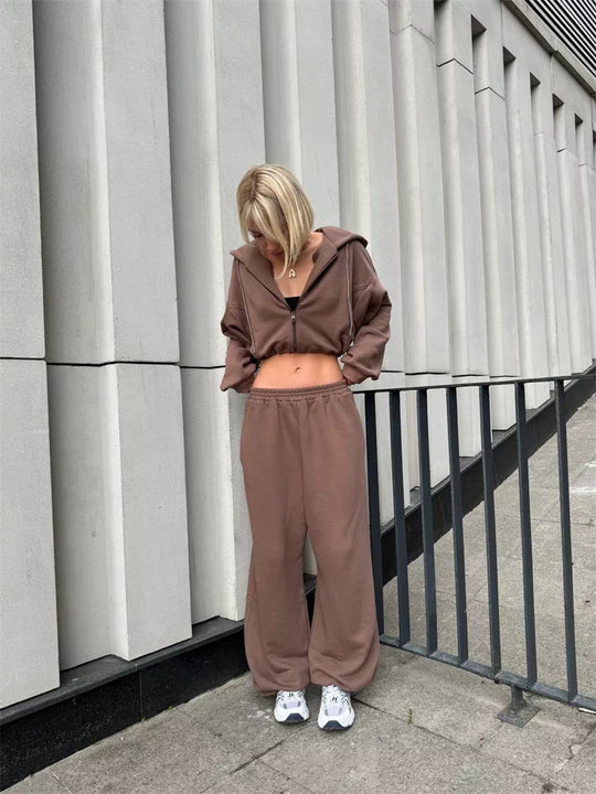 Damen nan kurz geschnittenes Zip-Hoodie und Highwaist Sweathose Lounge-Set mit Kapuze EB
