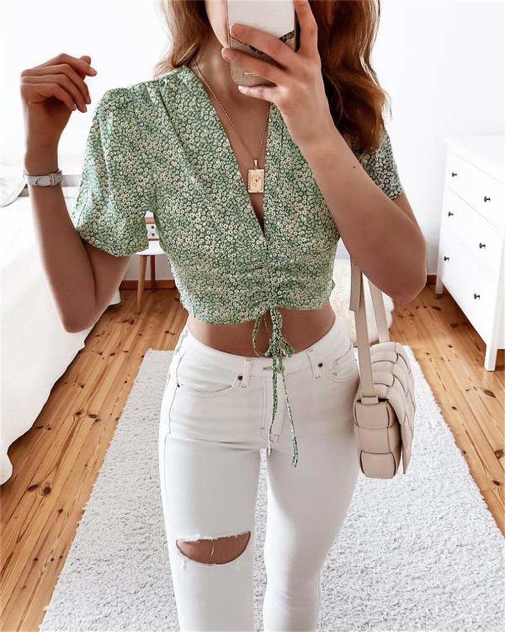 Damen Cropped Bluse mit floralem Design und Kordelzug EB