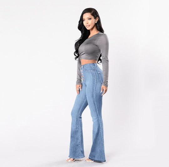 Damen nan hochgeschnittene Bootcut-Jeans mit sichtbarer Knopfleiste, figurformendem Stretch und schlankem Oberschenkel EB