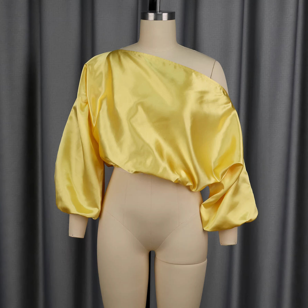 Damen elegantes asymmetrisches Oberteil mit voluminösen Puffärmeln EB